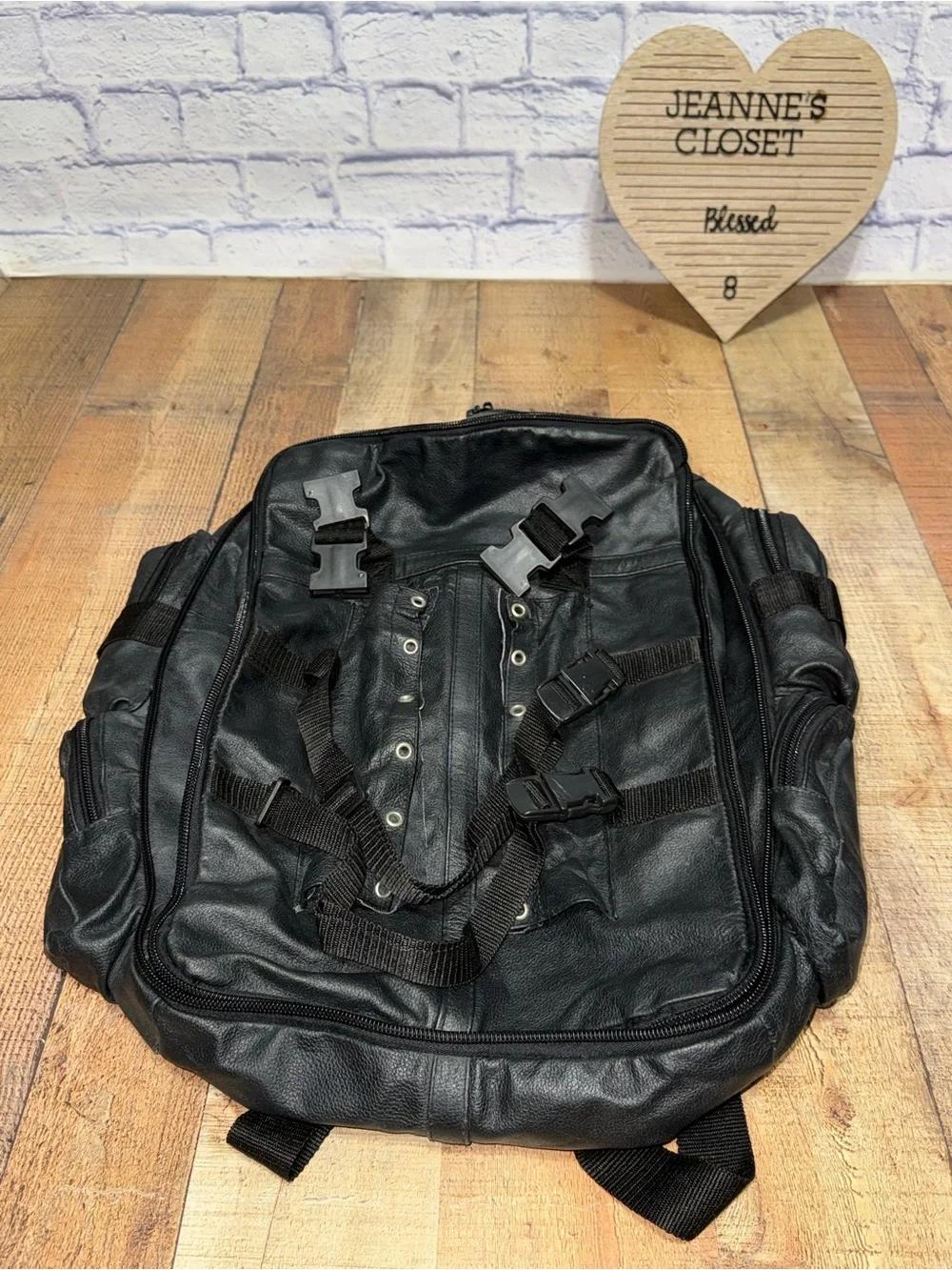 Heavy Duty Black Leather Motorcycle Backpack  Pre owned good condition.. there i